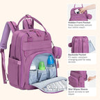 BabbleRoo Diaper Bag Backpack - Baby Essentials Travel Tote - Multi Function Waterproof Diaper Bag, Travel Essentials Baby Bag with Changing Pad, Stroller Straps & Pacifier Case - Unisex, Purple