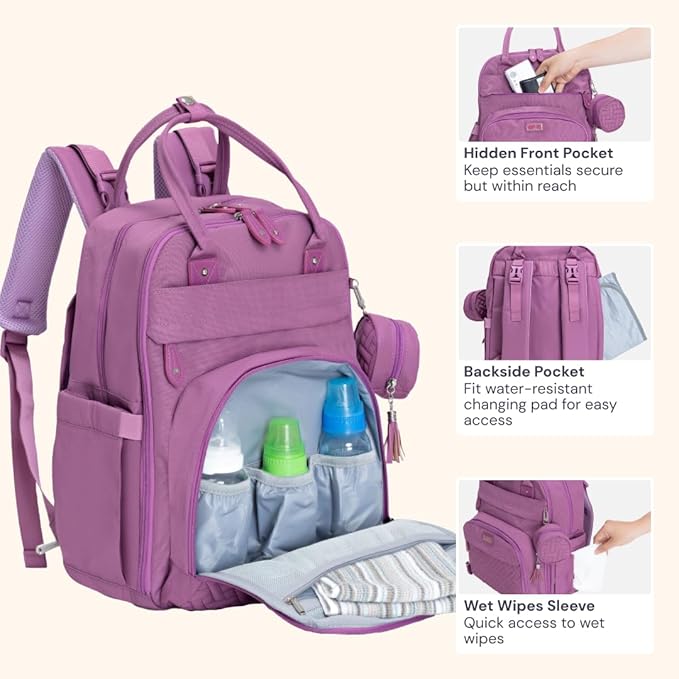 BabbleRoo Diaper Bag Backpack - Baby Essentials Travel Tote - Multi Function Waterproof Diaper Bag, Travel Essentials Baby Bag with Changing Pad, Stroller Straps & Pacifier Case - Unisex, Purple