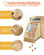 Wooden Baby Changing Table with Mirror, 100% Birch Plywood Toddler Diaper Changing Station with Stairs & Storage, Montessori Furniture for Daycare, Nursery, Home, School