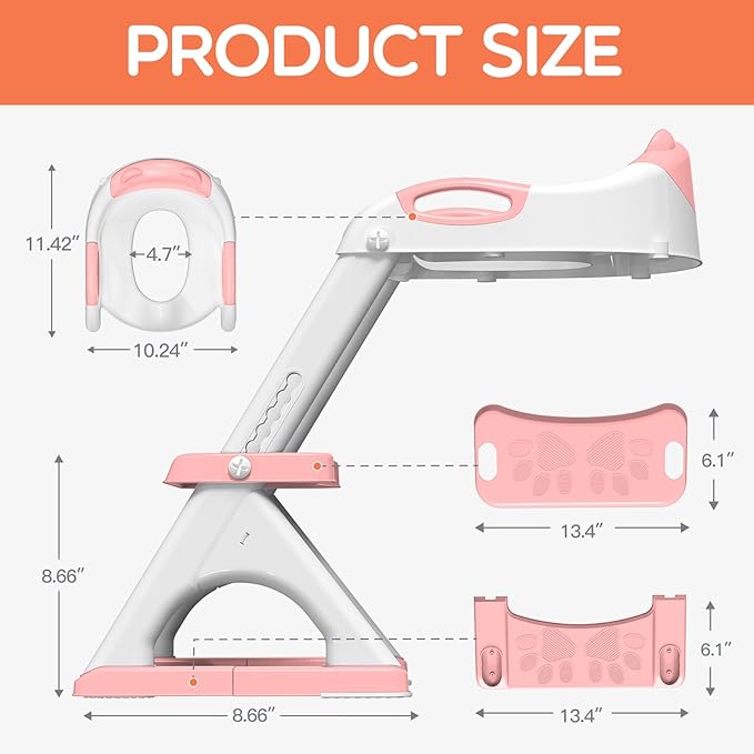 SKYROKU Potty Training Seat for Toddlers – 2-in-1 Adjustable Potty Ladder with Step Stool, Anti-Slip Cushion, Splash Guard & Extra-Wide Pedals, Supports 200+ lbs, Ideal for Boys & Girls (Pink)