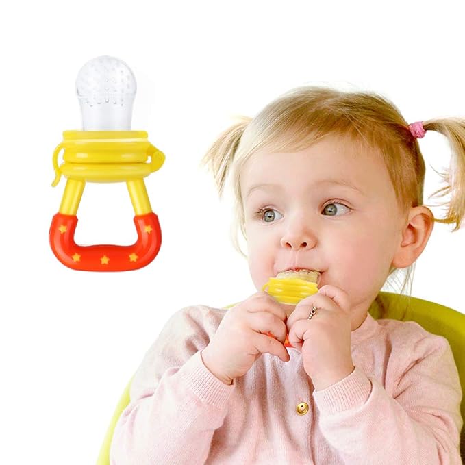 Baby Fruit Feeder by HAOBAOBEI, Frozen Teething Toys for Babies, Fruit Pacifier Feeder with 4 Sizes Silicone Pouches, Eating Essentials, BPA Free Feeding Supplies -2 Pack (Pink Yellow)