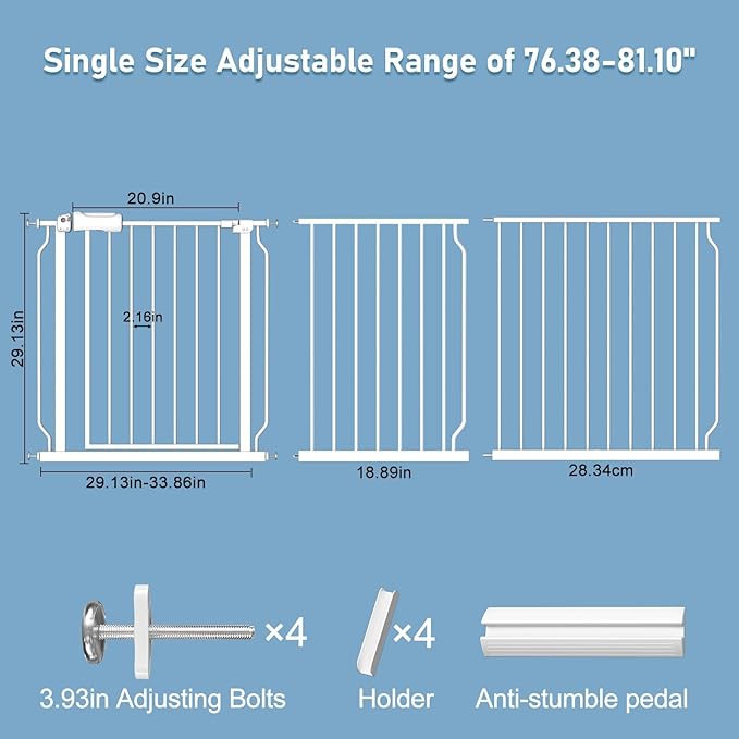 ALLAIBB Extra Wide Pressure Mount Baby Gate Auto Close White Metal Child Dog Pet Safety Gates with Walk Through for Stairs,Doorways,Kitchen and Living Room (76.38-81.10"/194-206cm)