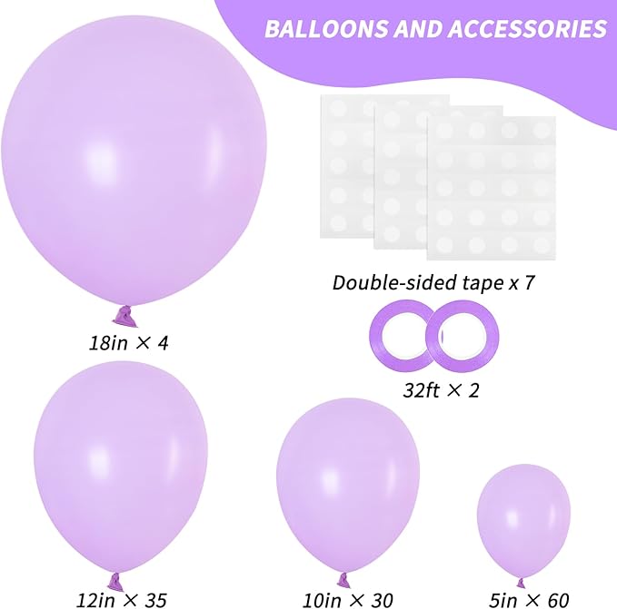 RUBFAC 129pcs Pastel Purple Balloon Arch Kit Different Sizes 18 12 10 5 Inches, Light Purple Lavender Balloons Garland for Birthday Baby Shower Gender Reveal Wedding Party Decoration