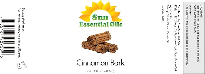 Sun Essential Oils - Cinnamon Bark Essential Oil (16 oz) for Diffuser, Aromatherapy Massage, Skin & Hair, Fragrance for Candle, Soap & Lotion Making at Home