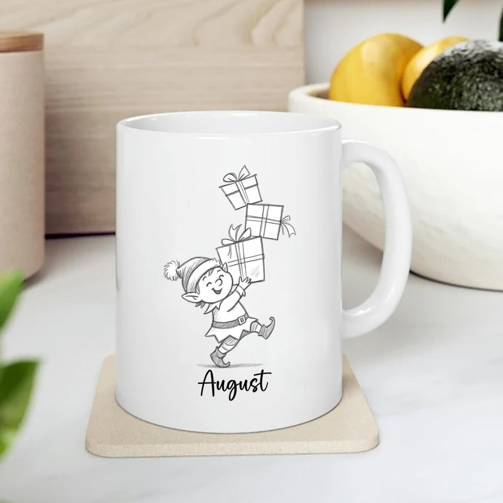 Elf With Box Coffee Mug Gift For Men Boy Grandson Christmas, Personalized Name Kids Accent Teacup, Customized Elf Travel Coffee Cup Gift For Nephew on Birthday Christmas, Elves White Mug 11 Oz 15 Oz