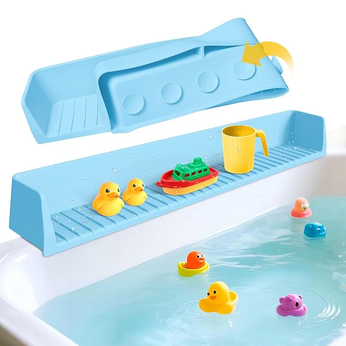 Splash Guard for Bathtub Kids - Silicone Bathtub Splash Guard with 11 Suction Cups, Bath Tub Play Shelf for Kids & Toy Holder, Prevent Water Spill in Bathroom, Fun Bath Time for Toddlers Baby, Blue