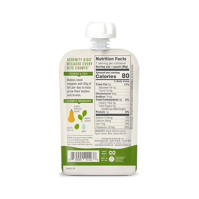 Serenity Kids 6+ Months USDA Organic Veggie Puree Baby Food Pouches | No Sugary Fruits or Added Sugar | Allergen Free | 3.5 Ounce BPA-Free Pouch | Carrot Spinach & Basil | 1 Count