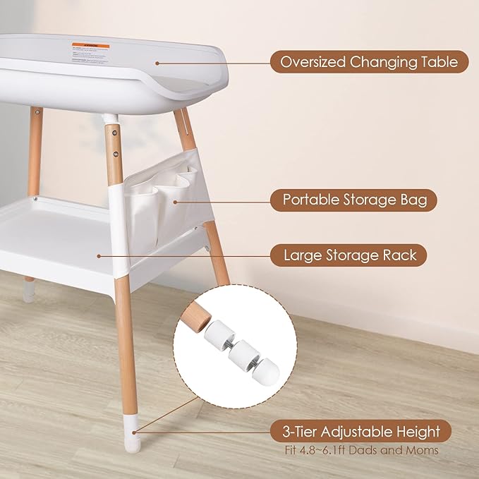 Beberoad Love Baby Changing Table – Adjustable Height Nursery Changing Station with Soft Pad, Organizer & Large Storage Shelves – Diper Table for Newborns & Infants (White)