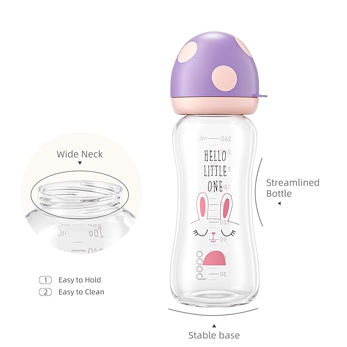 YOHKOH Natural Glass Baby Bottle with Natural Response Nipple, Newborn Anti-Colic Baby Bottles, Wide Neck Mushroom Cap Baby Bottle, Clear ((8.8oz (Pack of 2), Purple)