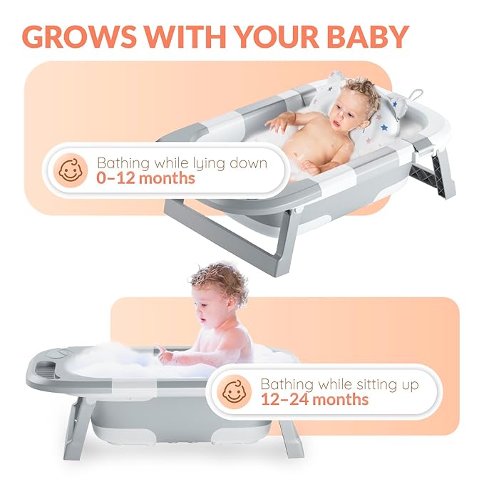 Collapsible Bathtub Baby for Infants & Newborns w/Thermometer, Drain Plug with Heat Sensor & Scoop – Compact Travel Baby Bath Space-Saving Bath for Travel, Shower & Small Bathrooms