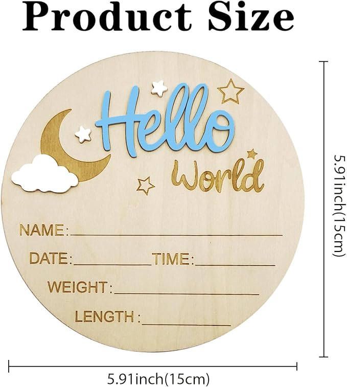 Baby Announcement Sign, 5.9 Inch Wooden Hello World Newborn Signs, Birth Announcement Sign and Pen, Moon and White Cloud Decoration, Welcome Newborn Arrival to World, Hospital Nursery for baby (Blue)
