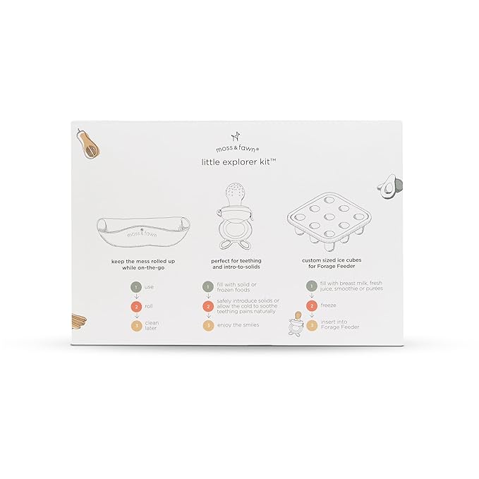 Moss and Fawn Little Explorer Kit - Silicone Frozen Breast Milk Popsicle Kit with Forage Feeder, Teething Popsicle Ice Cube Tray, & Gather & Roll Baby Feeding Bib - BPA, PVC, & Lead-Free - Foliage