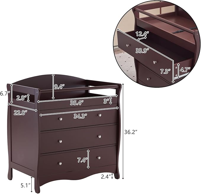 3-Drawer Changing Table, Safety Rails & Strap, Infant Diaper Changing Station with Drawers, Baby Diaper Changing Table Dresser for Nursery, Easy Assembly (Brown 1)