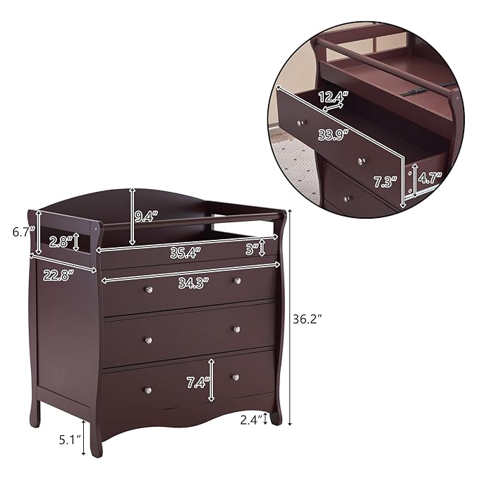 Karl home Changing Table Dresser Baby Diaper Changing Station Infant Nursing Table with 3 Drawers, Safety Rail & Strap for Bedroom, Nursery, Brown