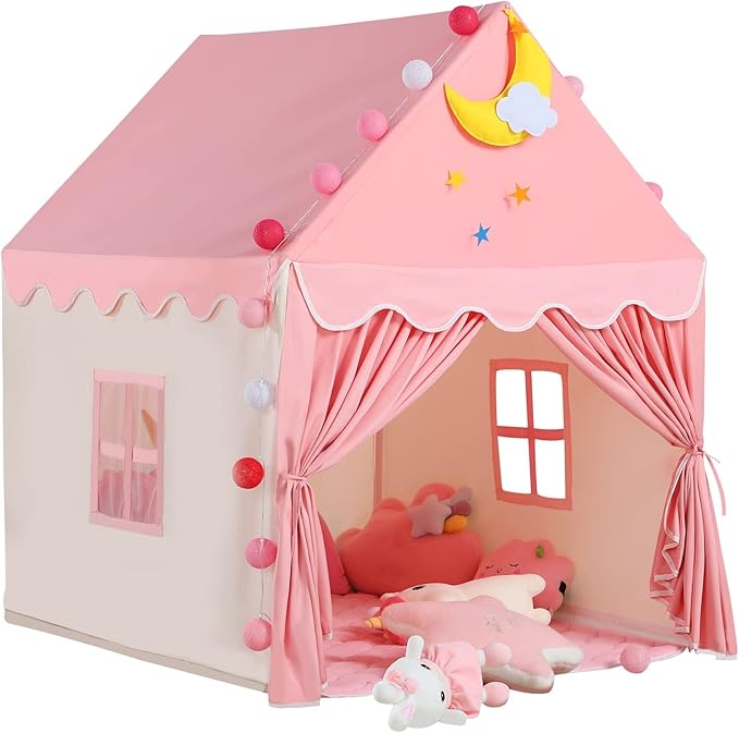 Wilwolfer Kid Tent with Mat, Star Lights - Kids Play Tents for Toddlers Kids Tents Indoor Playhouse - Princess Tent for Girls Toy House Gift (Pink with Cloth)