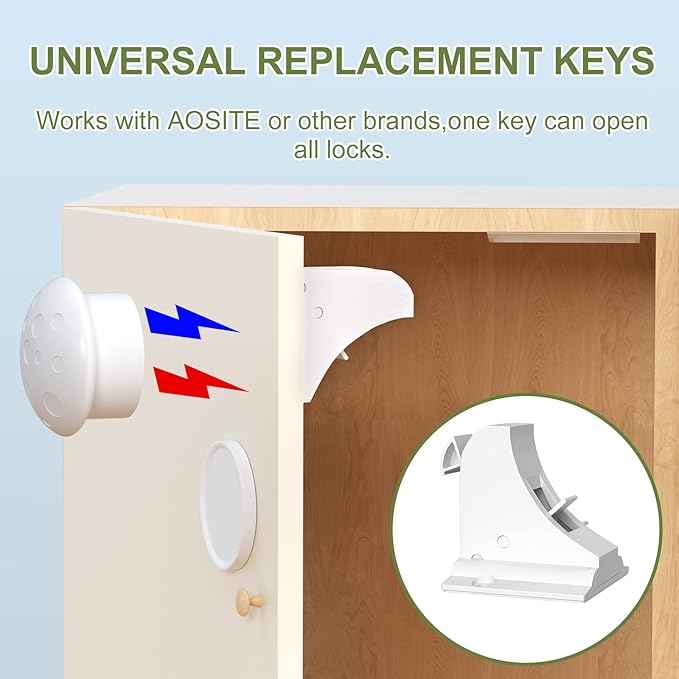 AOSITE Child Safety Magnetic Cabinet Locks Keys, 2 Pack Universal Replacement Keys Child Proof Extra Stronger Magnet Baby Locks for Cabinets and Drawers with Adhesive, 2 Key Holders Included