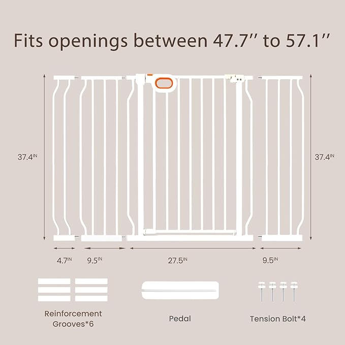 owlie 37.4" Extra Tall Wide Baby Gate for Stairs Doorways,47-57 Inch Extra Large Long Baby Gate with Door Indoor Safety Metal Pressure Mounted Pet Gate with Walk-Thru Auto Close, White