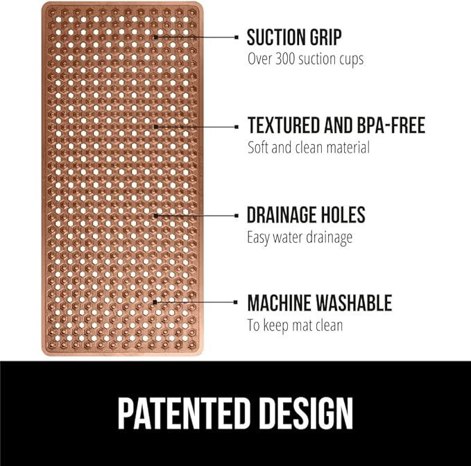 GORILLA GRIP Patented Bath Tub Shower Mat, Machine Washable Bathtub Floor Liner Mats, Suction Cups and Drain Holes to Keep Tubs Clean, Soft on Feet, Bathroom Essentials, 35x16 Inch, Brown