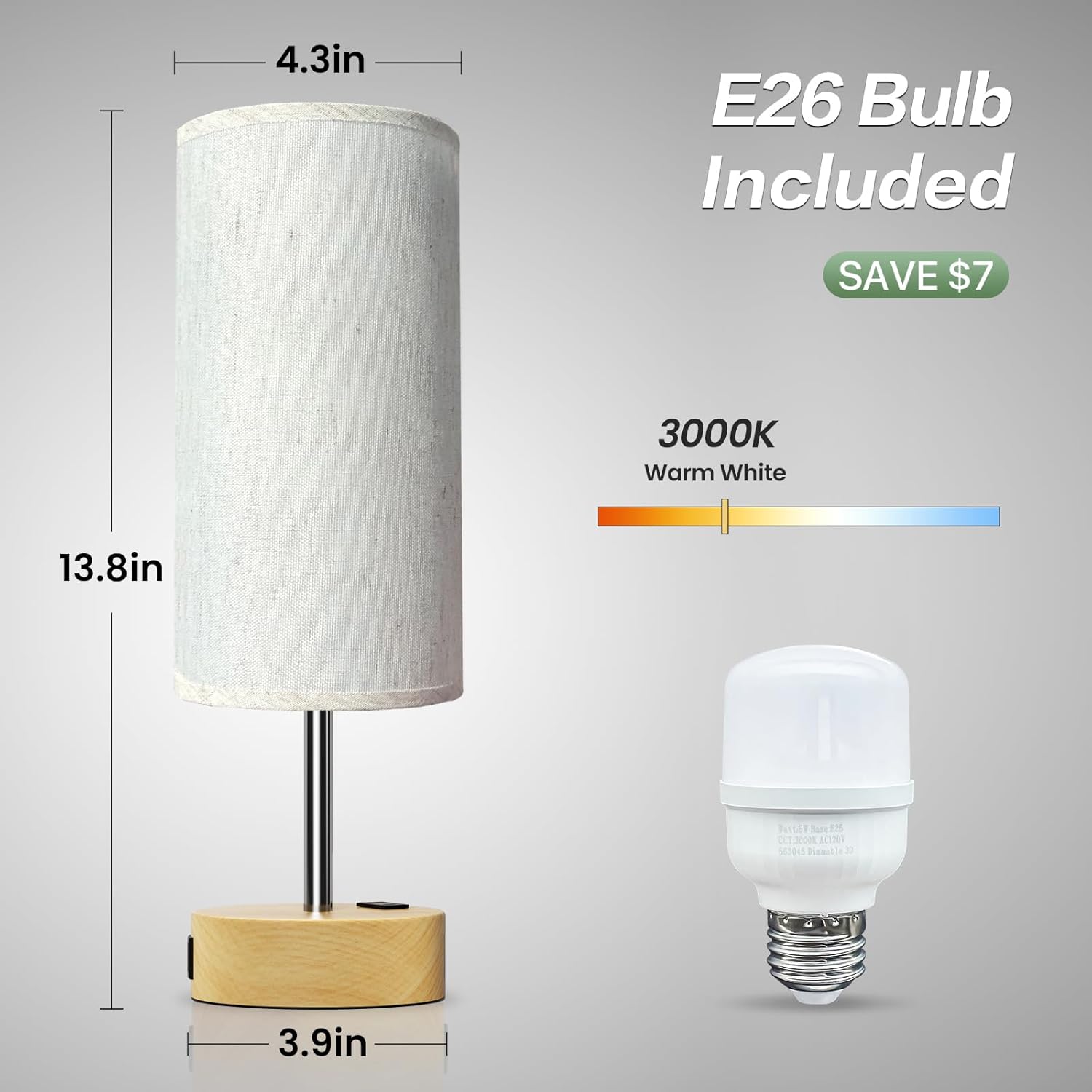 KPQ Small Bedside Lamp Touch Control Table Lamp with USB A+C Charging Ports & AC Outlet 3-Way Dimmable Nightstand Lamp with Linen Fabric Shade for Bedroom Living Room