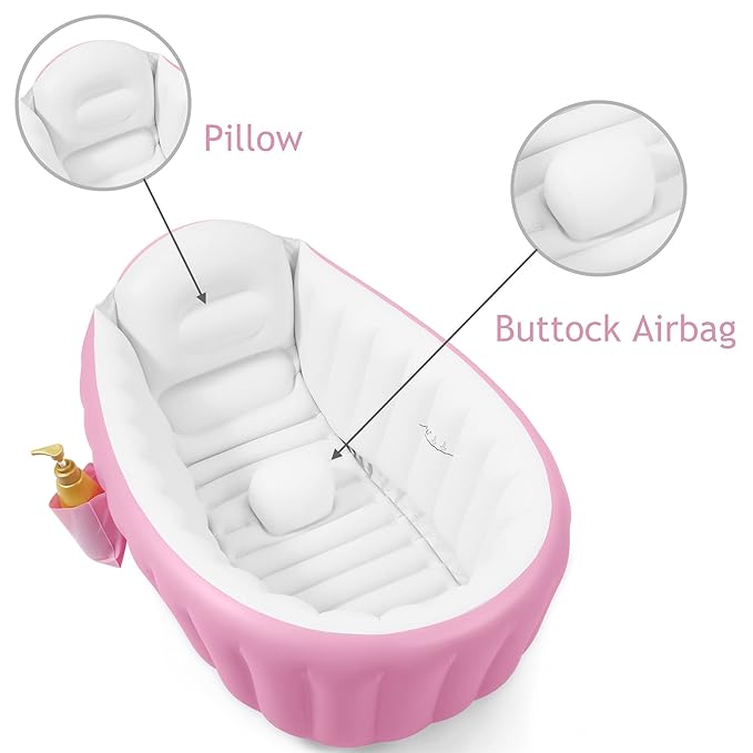 PandaEar Baby Inflatable Bathtub, Portable Travel Baby Infant Bath Tub Toddler Bathtub with Air Pump, Foldable Non-Slip Shower Basin Mini Air Swimming Pool for Newborn (Pink)