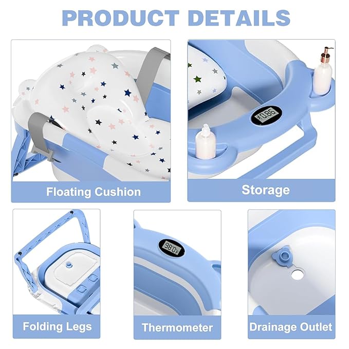 TPN Collapsible Baby Bathtub, Baby Bath Tub with Soft Cushion & Real-Time Thermometer, Baby Bathtub Infant to Toddler Tub (0-36 Months), Portable Travel Baby Tubs for Newborns (Blue)