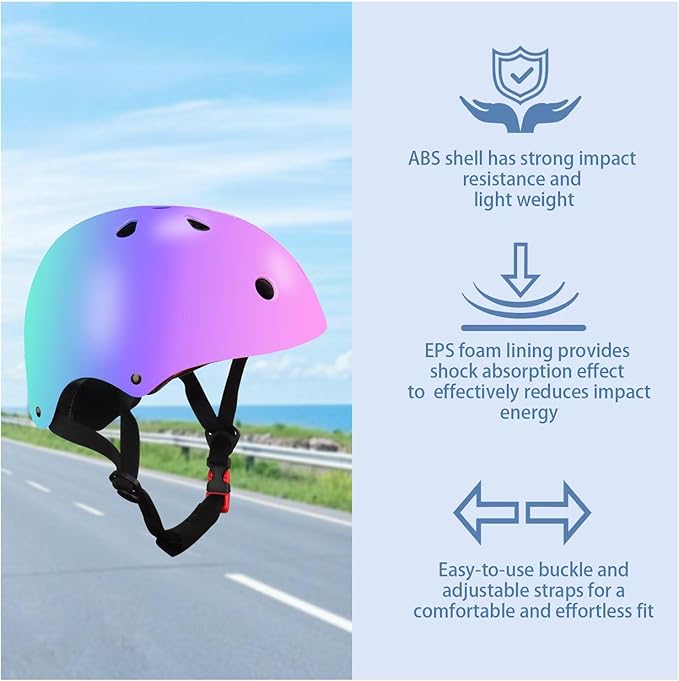 Color Gradient Adjustable Kids' Helmet with Knee & Elbow Pads Set | Multi-Sport Safety Gear for Boys & Girls Ages 5-14 | Skateboarding, Scooters, Roller & Inline Skating, Longboarding