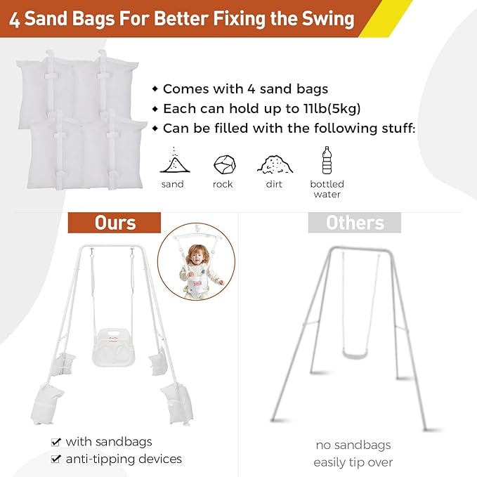 FUNLIO 2 in 1 Swing Set for Toddler & Baby Jumper, Heavy Duty Kids Swing & Bouncer with 4 Sandbags, Foldable Metal Stand for Indoor/Outdoor Play, Easy to Assemble and Store - White