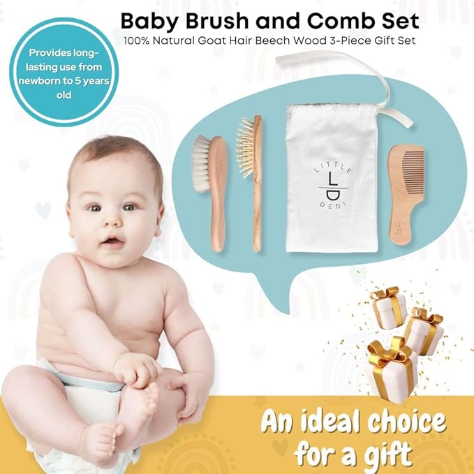 Premium Baby Hair Brush Set – Natural Goat Hair & Bamboo Bristle Brushes, Beechwood Comb, Cotton Pouch – Gentle Scalp Care for Newborns & Toddlers, Gift-Ready & Eco-Friendly