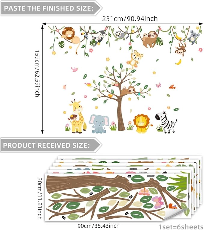 iMagitek Large Jungle Animals Tree Wall Decals Safari Animals Climbing Trees Wall Stickers Elephant Giraffe Lion Sloth Wall Stickers for Baby Nursery Kids Room Playroom Classroom 90.94" x 62.59"