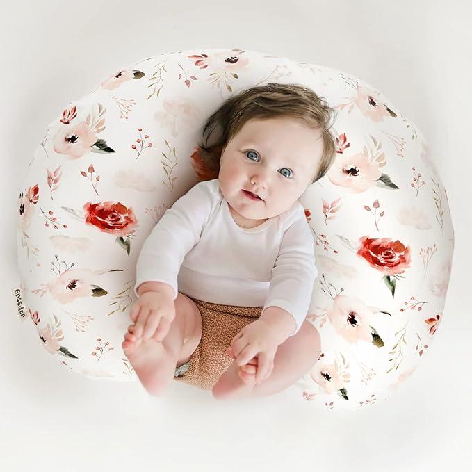 GRSSDER Nursing Pillow Cover Stretchy Minky Removable Nursing Covers for Breastfeeding Pillows, Ultra Soft Comfortable Slipcover for Boy and Girls, Pretty Watercolor Rose Flora, Orange Pink