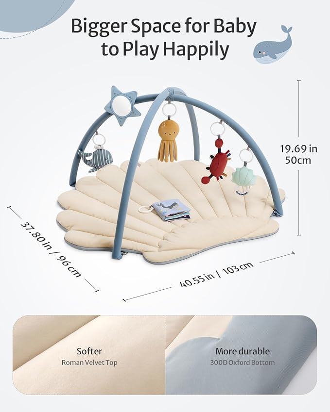 Blissful Diary Shell Baby Play Gym Mat, Softer & Enlarged Tummy Time Mat w 6 Detachable Toys for Sensory & Motor Skill Development, Activity Mat for Newborn Essentials Shower Gift, Boho Ocean Theme
