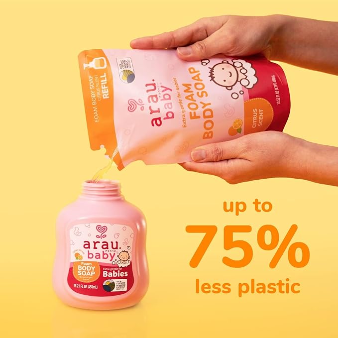 Arau Baby Foam Body Soap, Citrus Scent Refill, Natural Plant Based Foaming Body Wash for Babies, Infants and Toddlers, Gentle on Sensitive Skin, No Artificial Fragrance or Additives, 15.21 Fl Oz