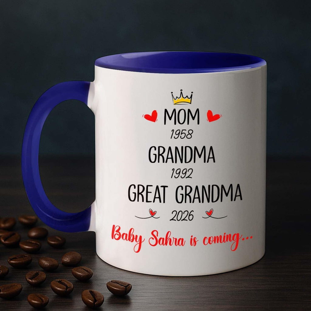 Mom Grandma Promoted To Great Grandma Coffee Mug Cup 11 15 Oz, Personalized New Great-Grandmother Ceramic Coffee Cup EST. 2026, Customized Choose Name White Accent Mug Gift For Pregnancy Announcement