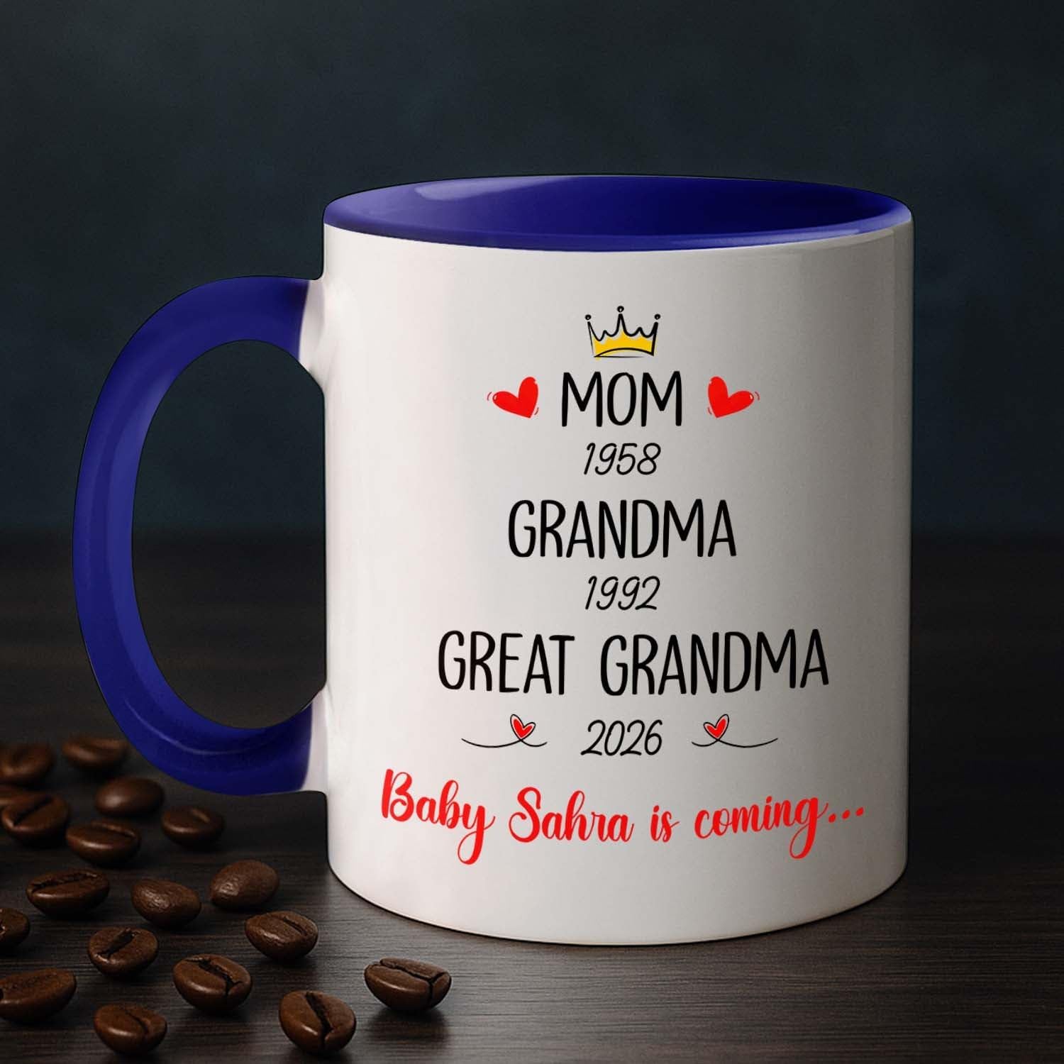 Mom Grandma Promoted To Great Grandma Coffee Mug Cup 11 15 Oz, Personalized New Great-Grandmother Ceramic Coffee Cup EST. 2026, Customized Choose Name White Accent Mug Gift For Pregnancy Announcement