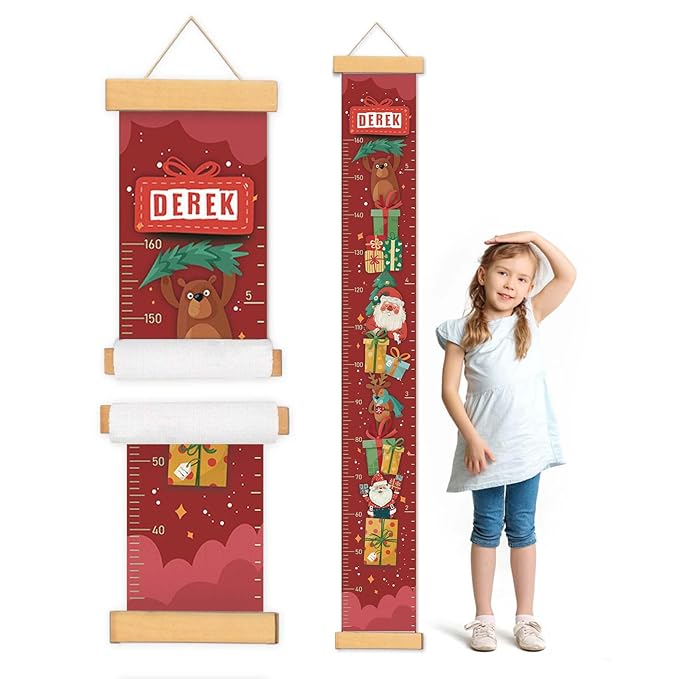 Personalize Name Baby Height Growth Chart, Christmas Theme Canvas&Wood Growth Chart for Wall Room Nursery Decor, Waterproof Measuring Wall Ruler, Wall Tape with Height Chart for Kids