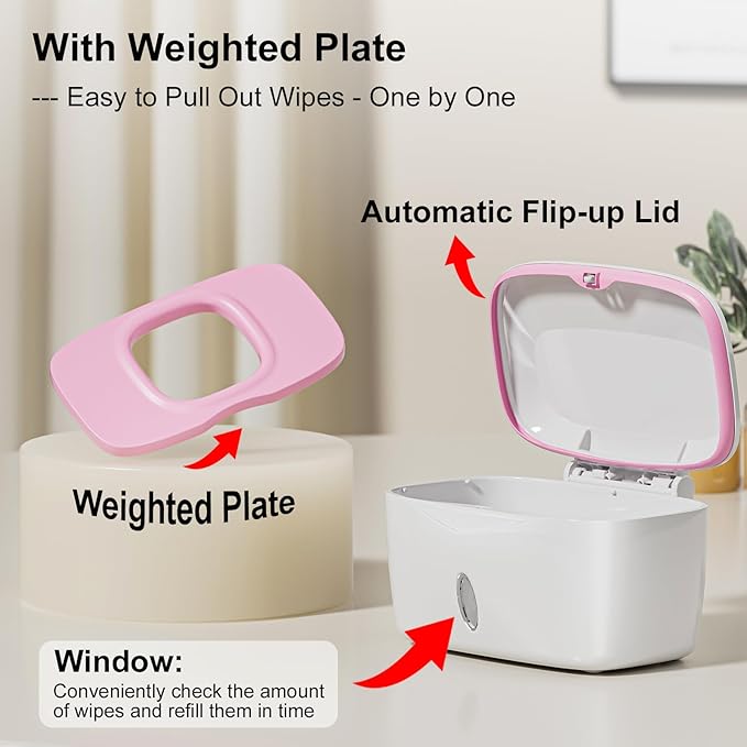 Wipes Dispenser with Weighted Plate, X2 PRO, Seposeve Perfect Pull Baby Wipe Holder, Refillable Wipe Container, Keeps Wipes Fresh, One-Handed Operation. Non-Slip, Easy Open/Close Wipes Case, Pink