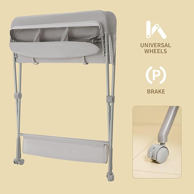 KARAOK Baby Changing Table with Wheels, Portable Diaper Changing Station with 4-Level Height Adjustment & Storage Rack for Newborn, Infant(Light Grey)