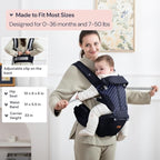 BabbleRoo Grow Carrier – Safety-Certified 6-in-1 Baby Carrier with Hip Seat, Ergonomic & Adjustable Toddler Carrier 7-50 lbs with Hip Support, Hood for Sun Protection, Newborn to Toddler, Navy Hearts