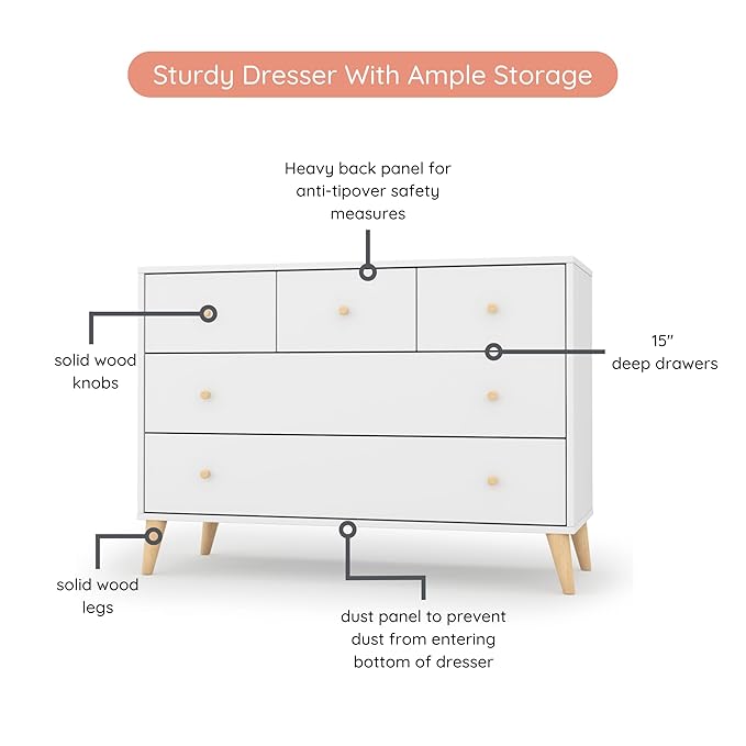 dadada Austin 5-Drawer Dresser for Nursery and Bedroom - Modern Design, Large Storage, Baby-Safe Finish, Anti-Tip Safety, Solid Wood Feet, Durable Construction (White+Natural)