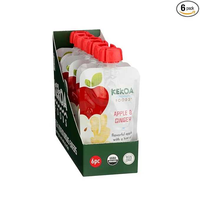 Kekoa Foods Apple & Ginger Baby Food Purée | 100% USDA Certified-Organic, No Sugar Added | Organic, Non-GMO, Gluten-Free, Vegan | Mild Ginger for Flavor Development | 3.5 oz Squeeze Pouch