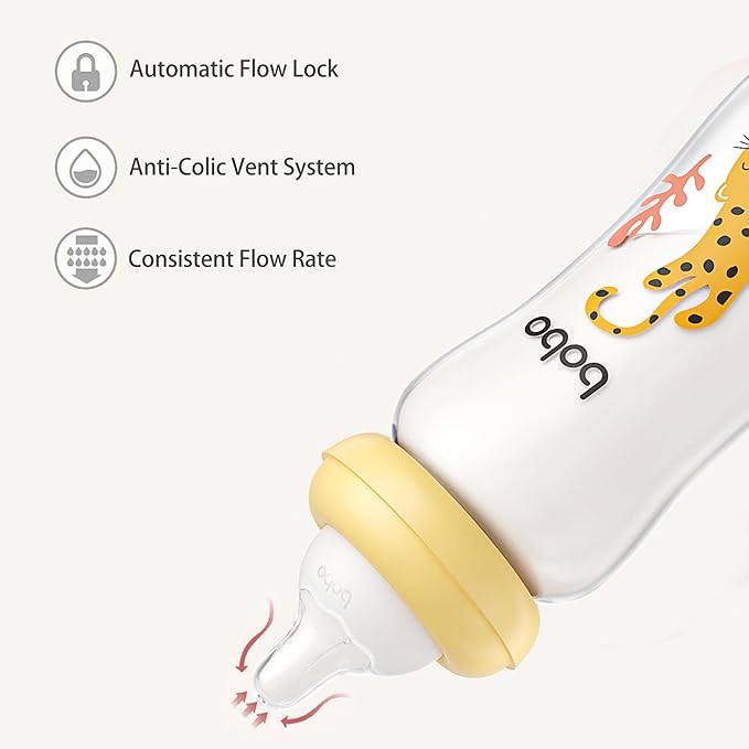 YOHKOH Natural Glass Baby Bottle with Natural Response Nipple, Newborn Anti-Colic Baby Bottles, Wide Neck Mushroom Cap Baby Bottle, Clear (8.8ounce (Pack of 4), Yellow2)