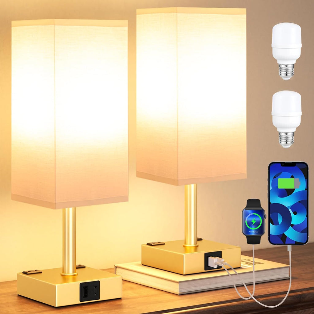 Gold Base Touch Lamps Set of 2 - Nightstand Lamp with USB-C + A Charge Ports & AC Outlets, 3-Way Dimmable Bedside Lamp, Small Table Lamp Light for Bedroom (Bulb Included)