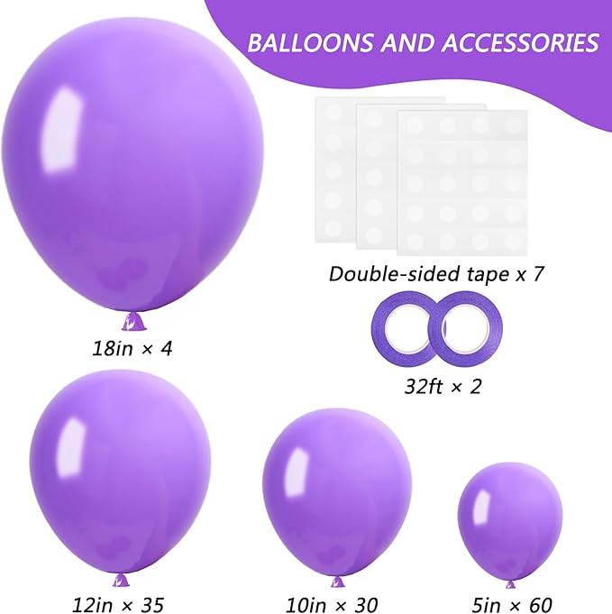 RUBFAC 129pcs Purple Balloons Different Sizes 18 12 10 5 Inch, Lavender Lilac Latex Balloon Garland Arch Kit for Halloween Masquerade Party Decorations Birthday Anniversary Baby Shower Party Supplies