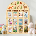 ORIGACH My First Year Baby Growth Photo Display Wood Board - 12 Months Newborn Milestones Photo Board - Neutral Baby Keepsake Board 1st Birthday Party Nursery Decor - Forest Animal & Flower