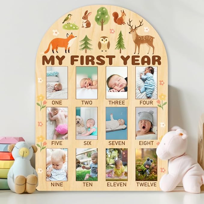 ORIGACH My First Year Baby Growth Photo Display Wood Board - 12 Months Newborn Milestones Photo Board - Neutral Baby Keepsake Board 1st Birthday Party Nursery Decor - Forest Animal & Flower