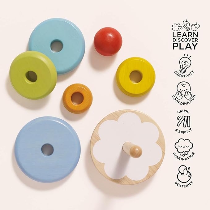Le Toy Van – Wooden Rainbow Stacker | Girl & Boy 7 Piece Rainbow Wobbling Ring Stacker – Suitable for 18+ Months