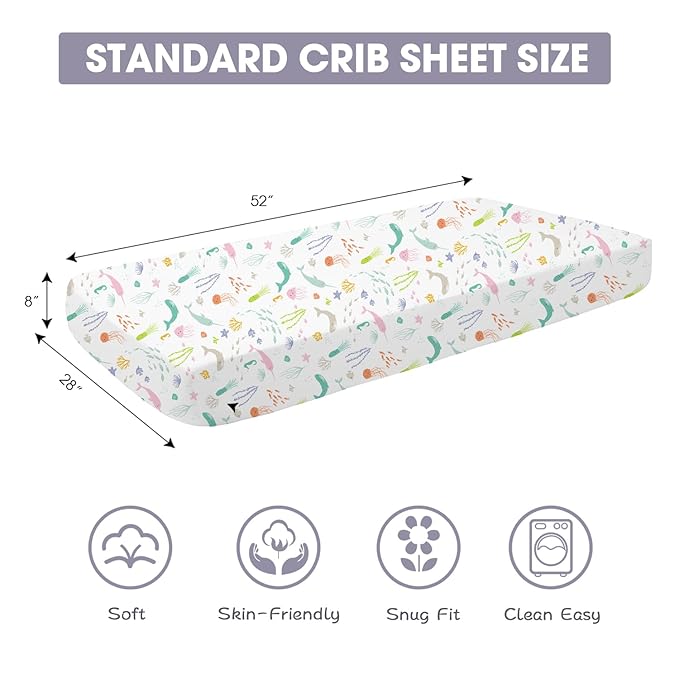 Bimocosy Crib Sheets for Boys Girls, Fitted Crib Sheet 4 Pack for Standard Crib and Toddler Mattresses, Super Soft Breathable Microfiber Baby Sheet 28x52x8in, Ocean World/Milky Green/Seashell/Blue