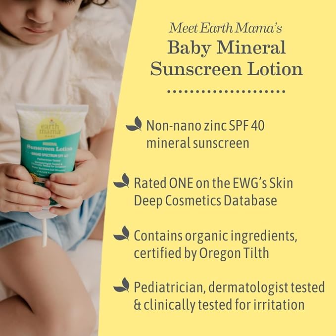 Earth Mama Baby Mineral Sunscreen Lotion SPF 40 | Non-Nano Zinc, Natural Water Resistant Sun Cream for Babies, Kids & Adults, 3-Ounce (2-Pack)