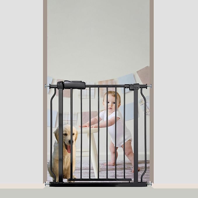 Walk Through Baby & Dog Gate 29-34 Inch, Tension Mounted No Drilling, Indoor Safety Gate for Stairs & Doorways, Metal Design for Kids and Pets, Black