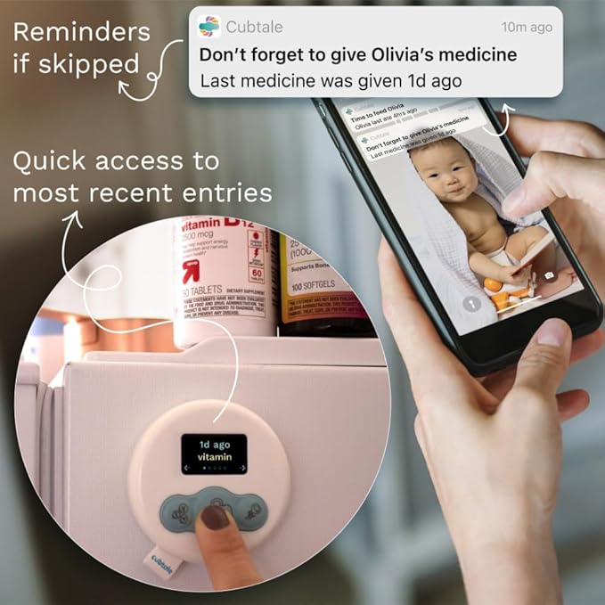 Cubtale Smart Tracker for Supplements and Vitamins – One-Press Logging Device with App Sync, Reminders, and Caregiver Support for Prenatal Routines